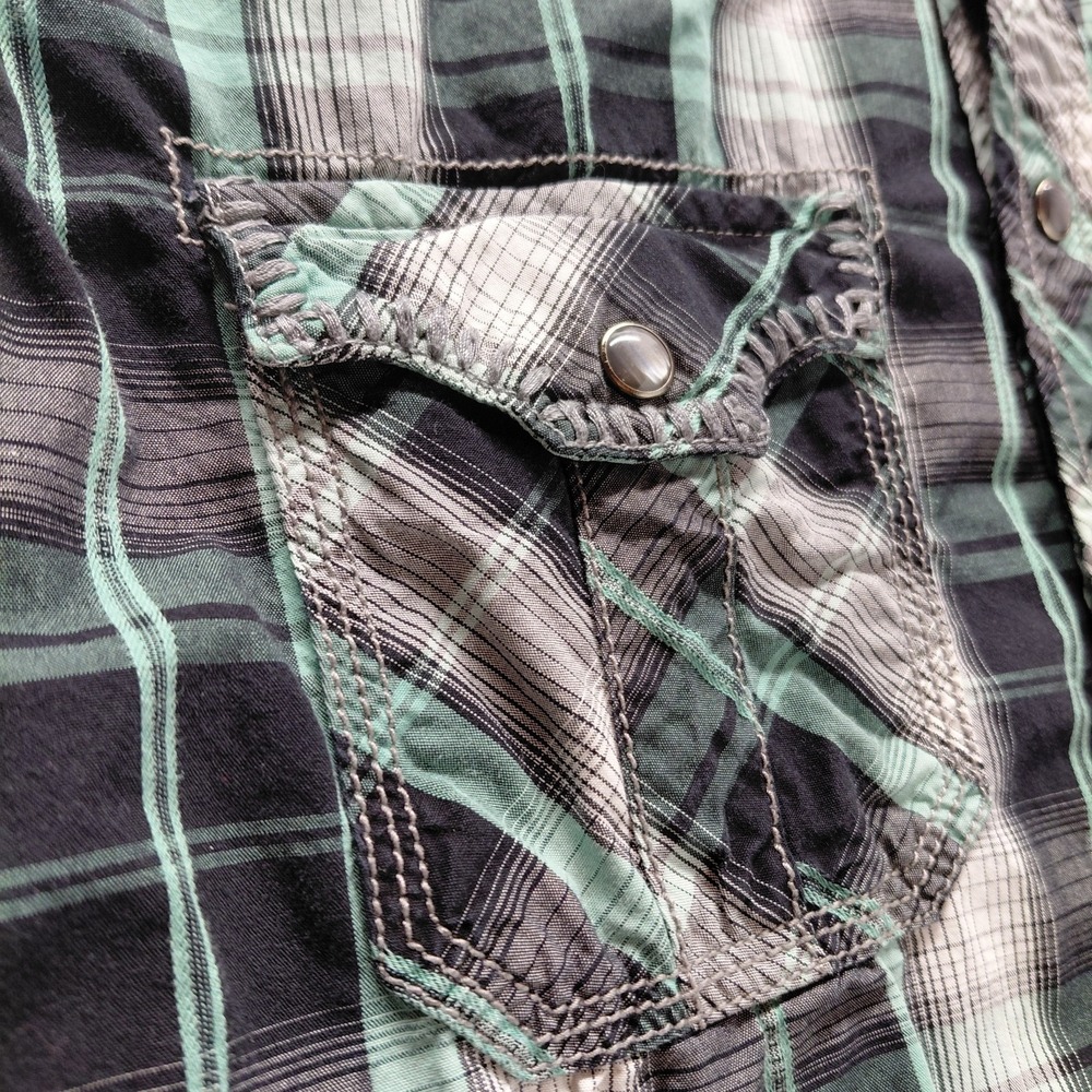 Rock & Roll Cowboy Shirt Men L Green Plaid Pearl Snap Thick Stitch Western Rodeo - Picture 4 of 16